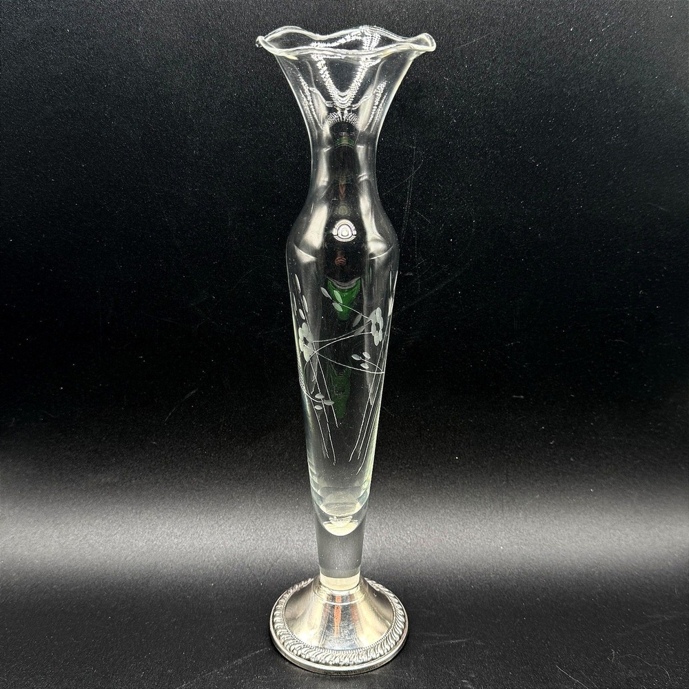 Vintage Duchin Creation Sterling Silver Weighted Etched Glass Ruffle Bud Vase